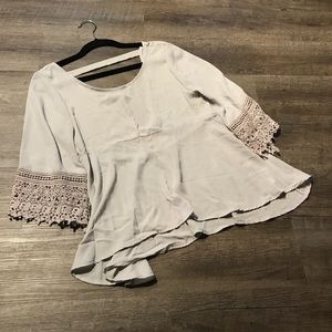 Grey Lavender Peplum Blouse, Bell Sleeves+Low Back